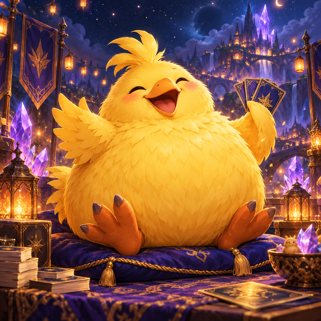 Un chocobo gordo y sonriente descansa entre cartas, farolillos y cristales de fantasía